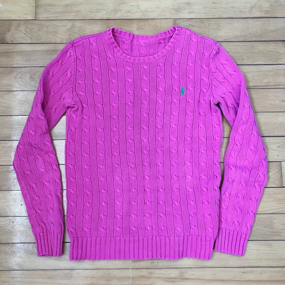 Polo Ralph Lauren Pink Cable Knit Crew Neck Sweater Green Pony Logo Slim Fit